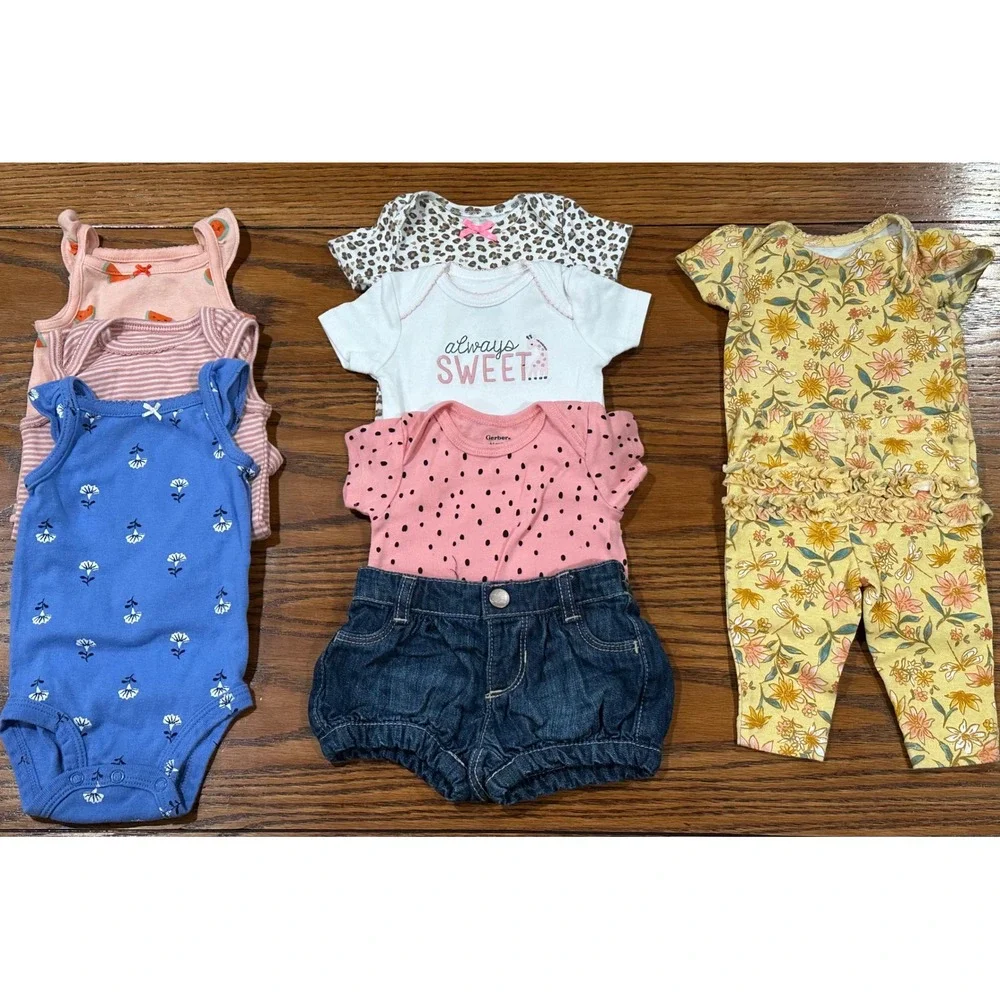 Carters Baby Girl 0-3 Months Clothes Lot Bodysuits Romper Denim Shorts 7pc Set